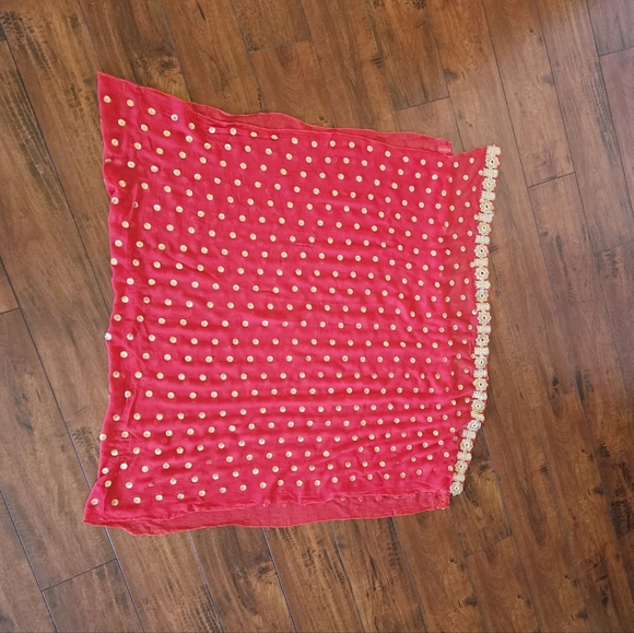 Embroidered Salwar Kameez Dupatta Long Scarf Red Gold Chiffon Party Wear Dress - Picture 14 of 16